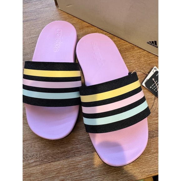 adidas Other - Kids‎ Adidas Adilette Shower Slides Purple Pink Yellow Black Stripe Size 11K